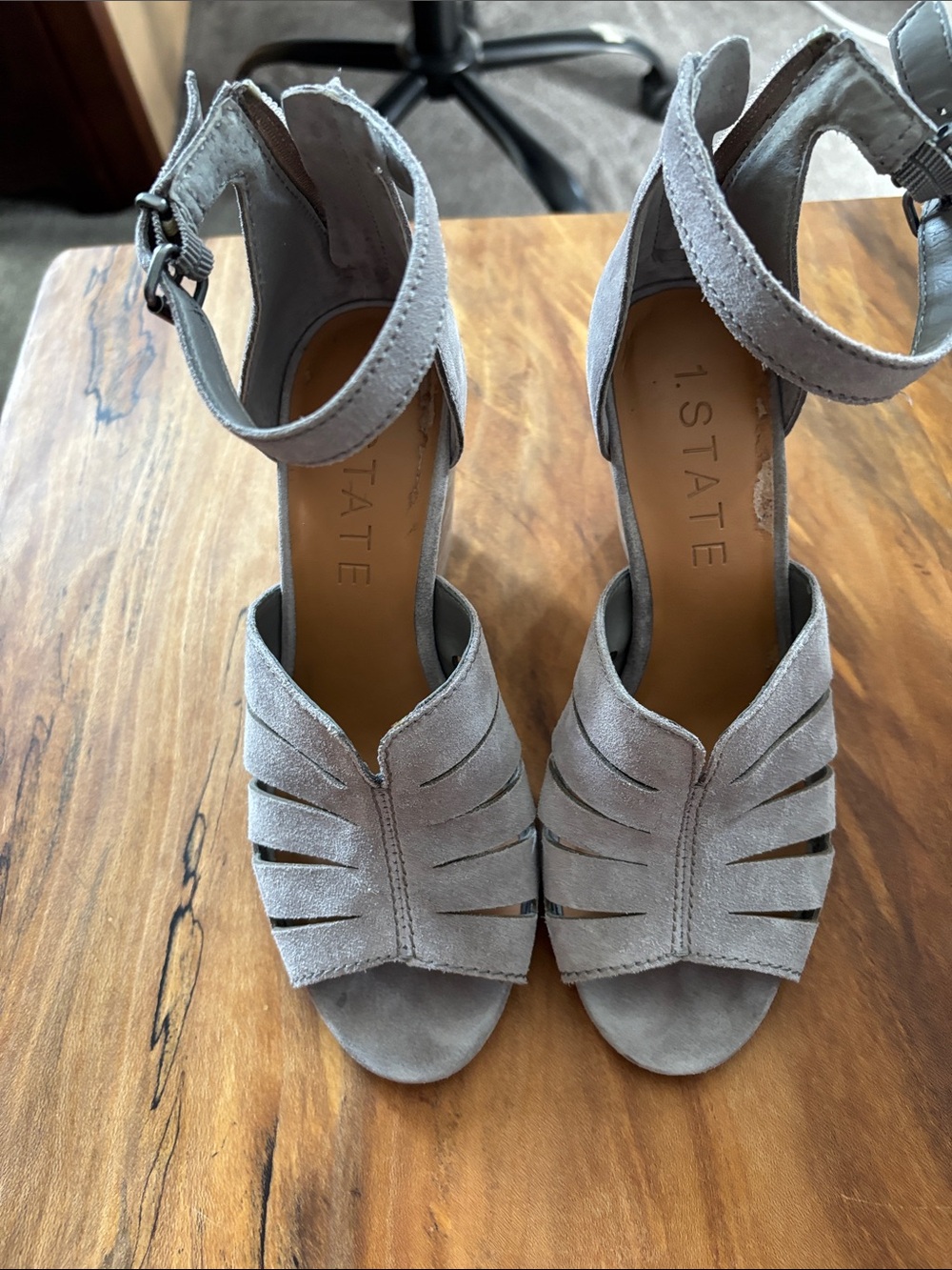 1. State Light Gray Suede Cutout Ankle-Strap Block Heels 6M